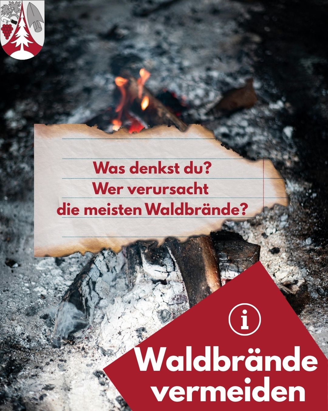 A burnt piece of paper with a question about forest fires lies over a campfire. The text reads 'What do you think? Who causes the most forest fires?'. There is a red triangle with an 'i' in the center.