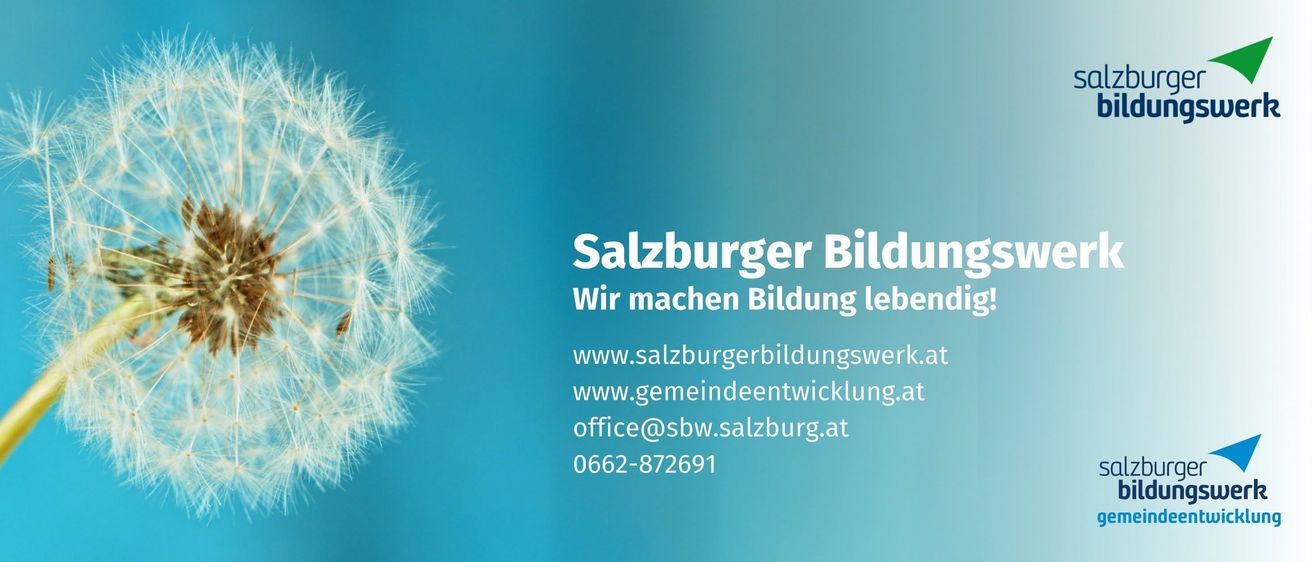 Ein Löwenzahn mit weißen Samen auf blauem Hintergrund. Darunter steht der Text 'Salzburger B', 'Wir machen Bildung' und Kontaktinformationen.