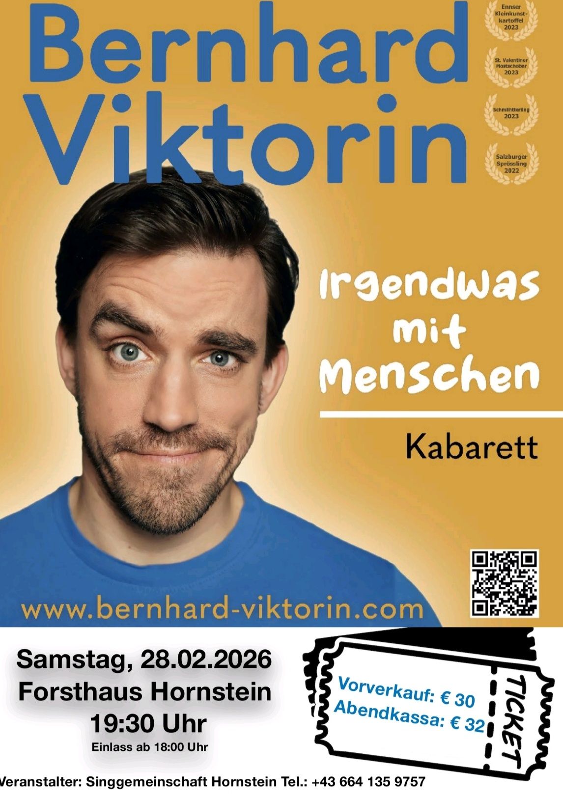 Poster for Viktorin's cabaret show, featuring a man with a beard and mustache, wearing a blue shirt. The poster includes the show's title, date, and a QR code.