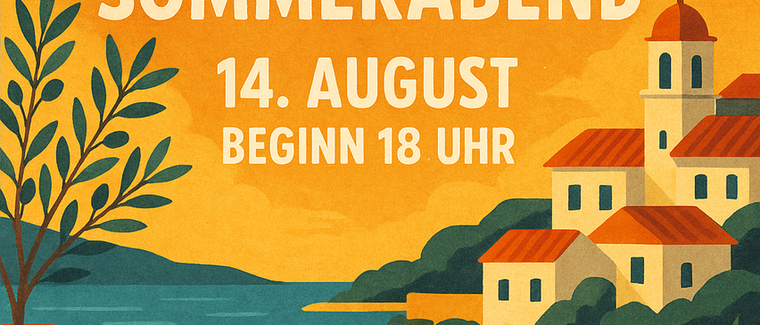 Mediterraner Sommerabend. 14. August, Beginn 18 Uhr. Illustration eines mediterranen Dorfes mit Weinglas und einem Tisch, der für das Abendessen vorbereitet ist.