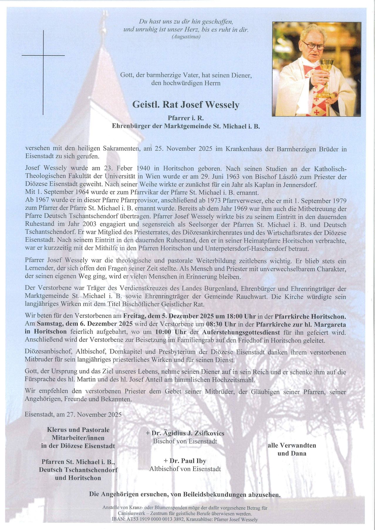 Traueranzeige für Priester Josef Wessely. Geboren am 23. Februar 1940, zum Priester geweiht am 29. Juni 1963. Dienst in verschiedenen Gemeinden. Gestorben am 5. Dezember 2025. Trauerfeiern in Horitschon und Eisenstadt.