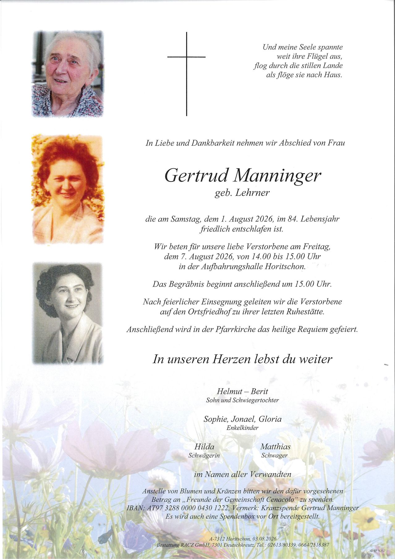A memorial card for Gertrud Manninger, born Lehrer, who passed away on August 1, 2026, at the age of 84. The card includes photos of Gertrud and mentions the date and location of her funeral.