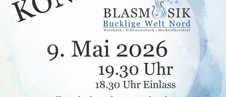 Plakat für das Frühlingskonzert von Blasmusik SIK am 9. Mai 2026, Beginn um 19:30, Einlass ab 18:30 in der Volksschule Schwarzenbach.