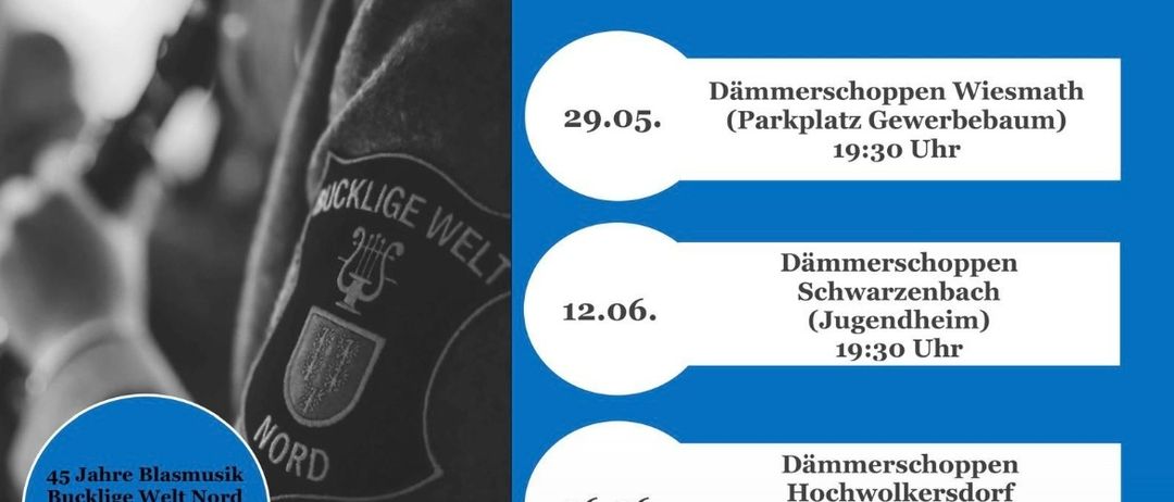 Veranstaltungsplakat für Dämmerschoppen, eine Reihe von Abendmusikveranstaltungen am 29. Mai, 12. Juni und 26. Juni, alle beginnend um 19:30 Uhr. Orte sind Gewerbepark, Jugendheim und Hochwolkersdor.