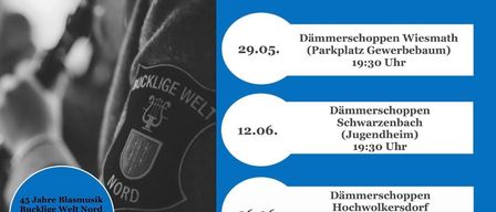 Veranstaltungsplakat für Dämmerschoppen, eine Reihe von Abendmusikveranstaltungen am 29. Mai, 12. Juni und 26. Juni, alle beginnend um 19:30 Uhr. Orte sind Gewerbepark, Jugendheim und Hochwolkersdor.
