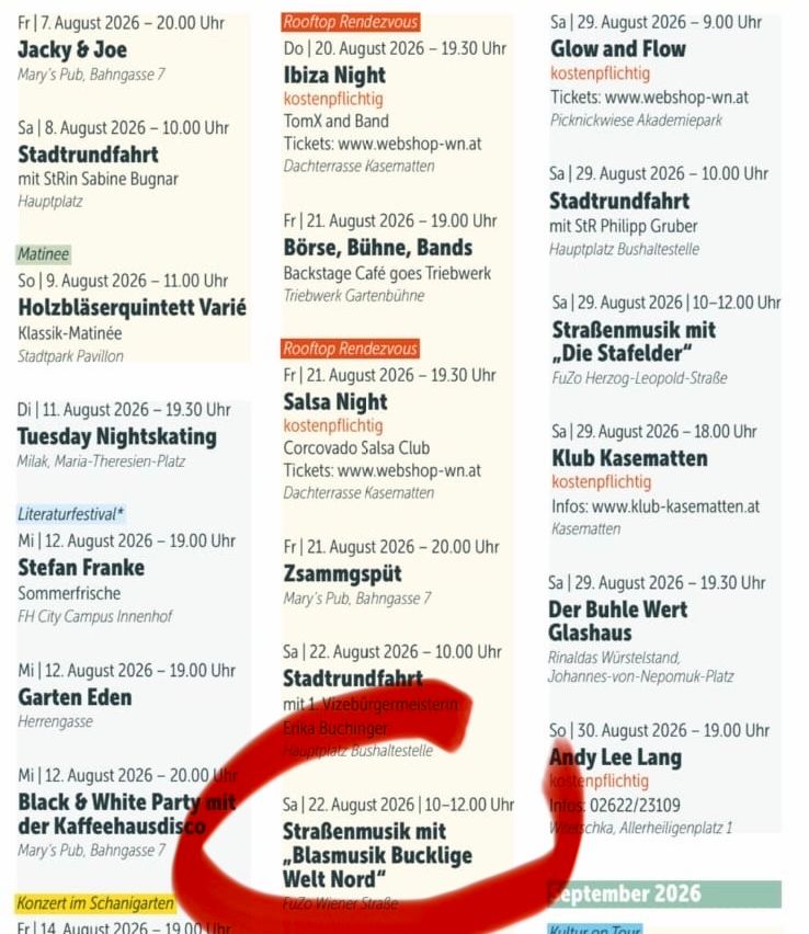 Ein Flyer mit verschiedenen Veranstaltungslisten, einschließlich Datum, Uhrzeit und Ort für Veranstaltungen wie 'Stadtrundfahrt', 'Ibiza Nacht' und 'Literaturfestival'. Der Flyer enthält auch Ticketinformationen und Kontaktdaten.