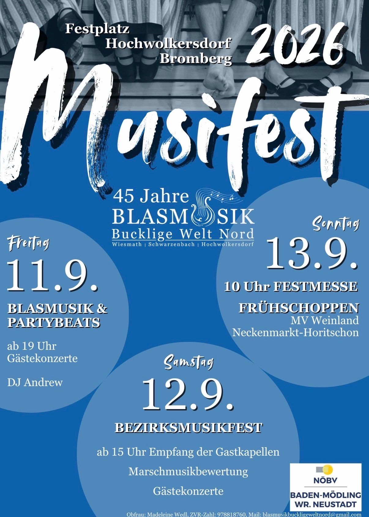 Musikfestival Plakat mit Blasmusik und Partybeats. Datum: Freitag 11., Samstag 12., Sonntag 13. Beginn mit Festmesse um 10 Uhr. Gastkonzerte ab 19 Uhr. DJ Andrew. Ort: MV Weinland.