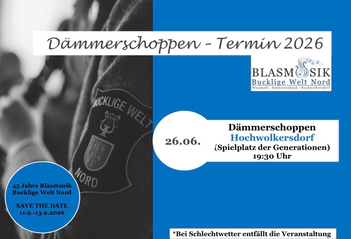 Dämmerschoppen-Termin 26.06. Blasmusik. Datum: 26.06. Nord. Zeit: 19:30. Spielplatz der Generationen.