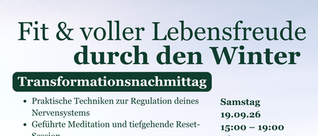 Ein Flyer für ein Transformationsretreat, das einen Mann und eine Frau beim Joggen im Schnee zeigt. Der Flyer betont praktische Techniken zur Regulierung des Nervensystems, geführte Meditation, Tipps für Energie und Resilienz, natürliche Hautpflege, gesunde Snacks und ein bestimmtes Datum und Ort.