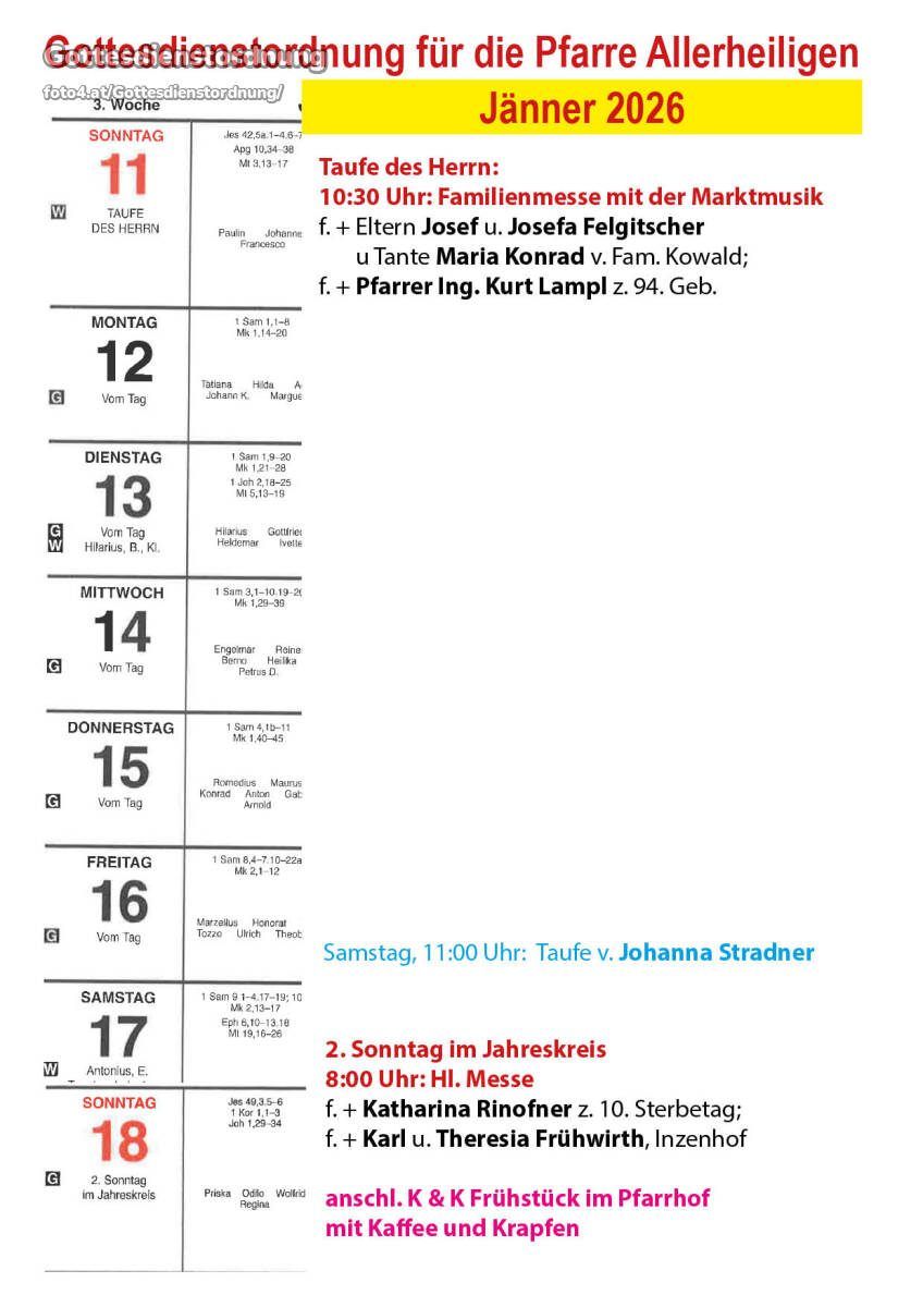 A calendar with various religious masses scheduled, starting from Monday to Sunday, including details like time, participants, and celebrants. The first event is a family mass on Monday.