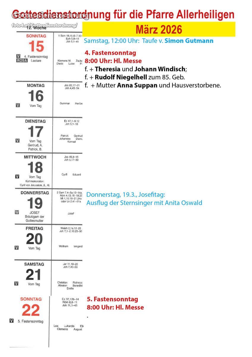 Ein Zeitplan für verschiedene Veranstaltungen einschließlich Messen und Gedenkfeiern von Montag bis Sonntag. Bemerkenswerte Ereignisse sind eine Messe für Theresia und Johann Windisch und die Aufführung von Sternensängern am Donnerstag.