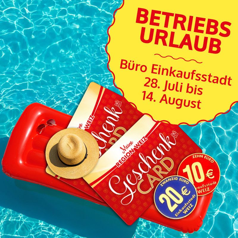 Eine Werbung für die Weiz Regional Card im Pool. Sie ist vom 28. Juli bis 14. August gültig. Es gibt zwei Karten, einen Hut und einen Schwimmring. Die Karten haben einen Wert von 10 und 20 Euro.