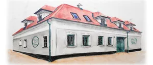 Eine Aquarellmalerei eines weißen Gebäudes mit rotem Dach und grünen Fensterrahmen. Das Gebäude hat mehrere Fenster und einen Schornstein oben.