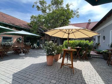 Ein Patiobereich mit Ziegelboden, zwei Sonnenschirmen und Topfpflanzen. Tische und Stühle sind unter den Schirmen aufgestellt. Bäume und ein Haus sind im Hintergrund.