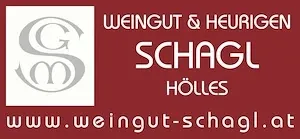Das Logo für Weingut & Heurigen Schagl Hölles, mit einem stilisierten Buchstaben 'S' und einer Website-Adresse in Weiß auf rotem Hintergrund.