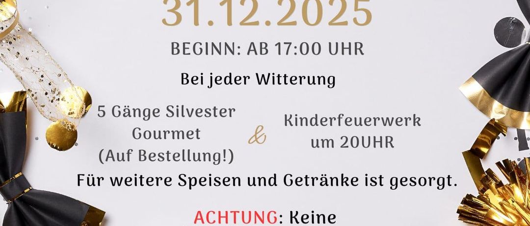 Plakat für Gaudis Silvester-Event am 31. Dezember 2025, Beginn um 17:00 Uhr. Bietet ein fünfgängiges Gourmet-Dinner, Kinderfeuerwerk um 20 Uhr und ein Verbot, persönliches Feuerwerk mitzubringen.