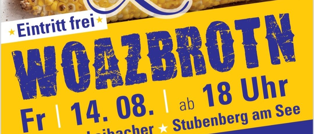 Ein Plakat, das für eine Veranstaltung mit freiem Eintritt wirbt, bei der gegrillter Maiskolben, offene Schweinebraten und Live-Musik bei Laibach's am Freitag, den 14. August ab 18 Uhr angeboten werden.