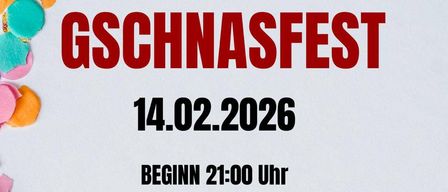 Plakat für die Gschnasfest-Veranstaltung am 14.02.2026, Beginn 21:00 Uhr in der Rittscheintalhalle, Markt Hartmannsdorf. Beinhaltet einen Maskenpreis um 24:00 Uhr.