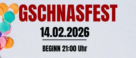 Plakat für GSChNaFest-Veranstaltung am 14.02.2026, Beginn 21:00 Uhr. Ort: Rittscheintalhalle, Markt Hartmannsdorf. Beinhaltet eine Maskenprämierung um 24:00 Uhr. VVK: 5€.