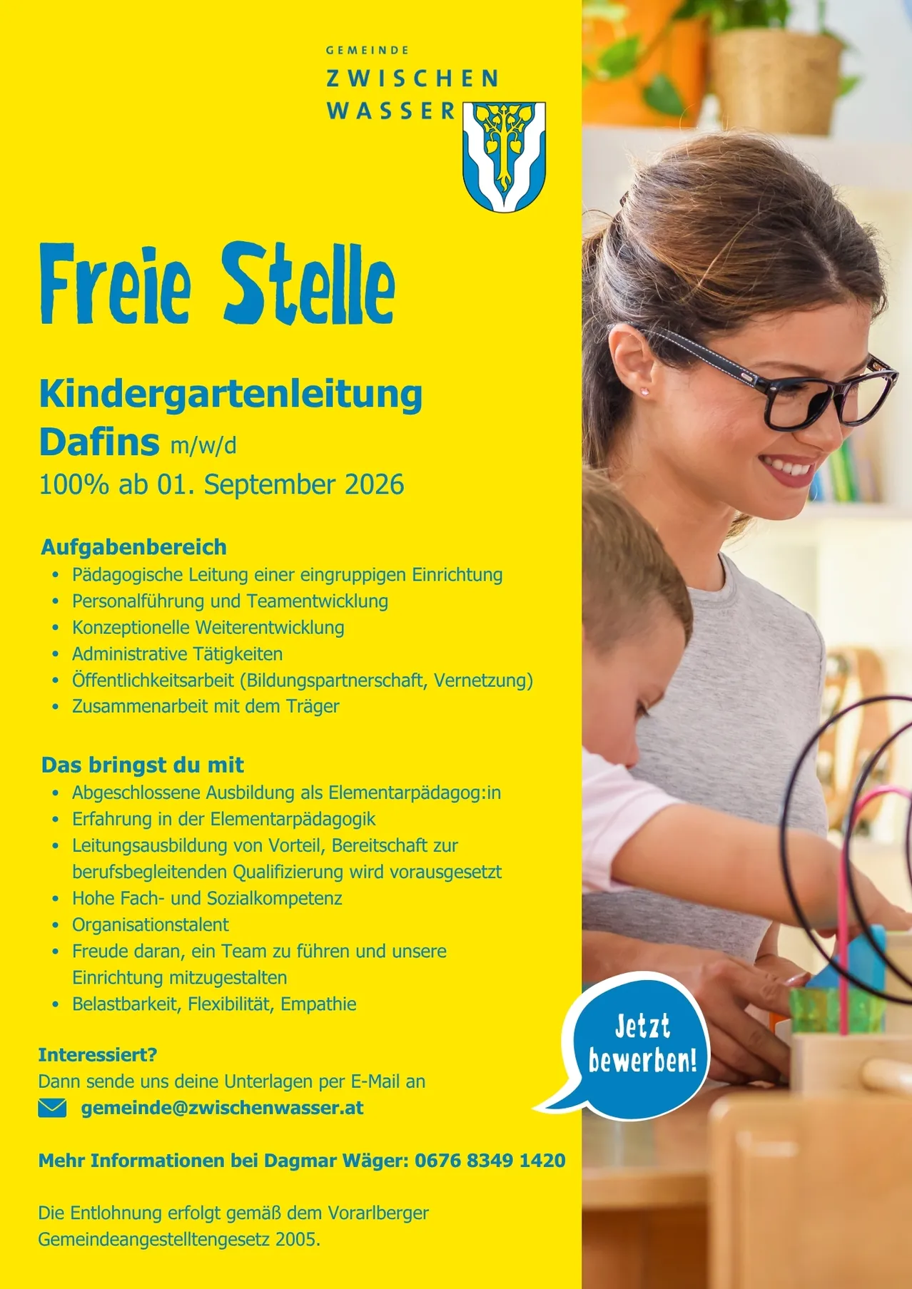 Stellenangebot für Kindergartenleitung. Dafins m/w/d, Vollzeit ab 01. September 2026. Aufgaben umfassen pädagogische Leitung, Personalführung und Teamentwicklung. Qualifikationen erfordern abgeschlossene Ausbildung als Elementarpädagoge und Bereitschaft zur Qualifizierung.