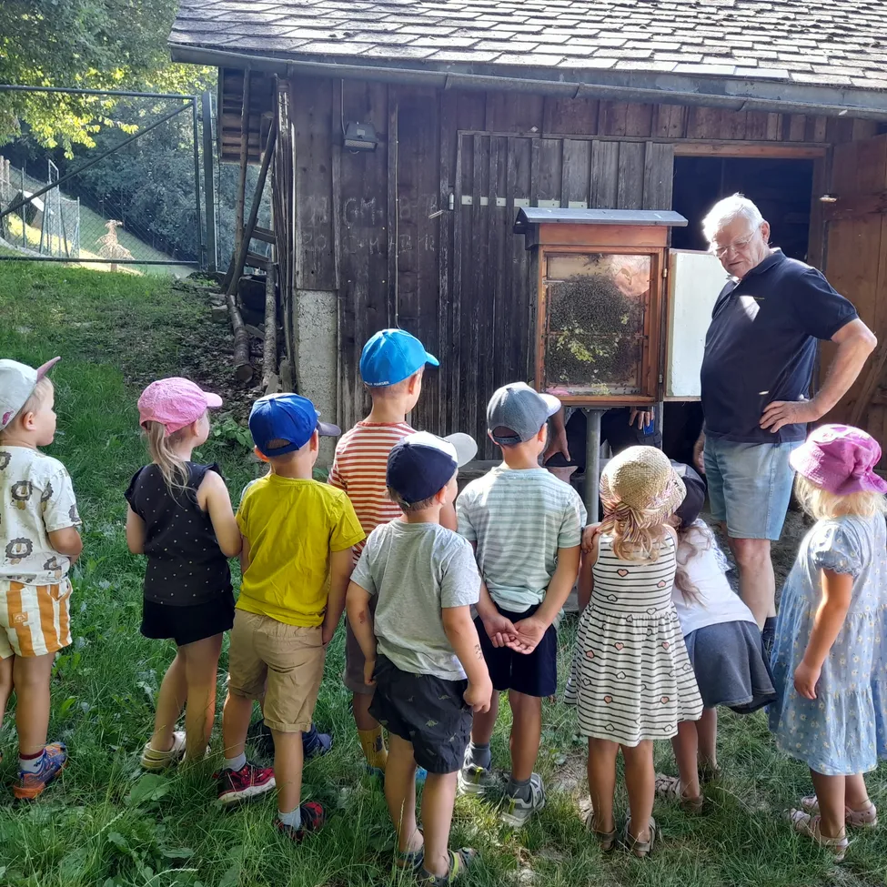 Eine Gruppe von Kindern und ein älterer Mann stehen vor einem Holzgebäude mit einem ausgestellten Bienenstock. Die Kinder tragen Mützen und Turnschuhe und beobachten aufmerksam den Bienenstock.