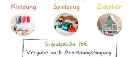 Plakat für einen Kinderflohmarkt am 19.04.26 von 07:00 bis 14:00 Uhr in Bruckneudorf. Kategorien sind Kleidung, Spielzeug und Zubehör. Der Eintritt kostet 15€. Organisiert vom Elternverein für das Wohl der Kinder.