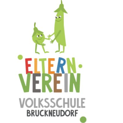 Ein Bild mit zwei karikaturgemäßigen grünen Figuren mit großen Augen, die Händchen halten, beschriftet mit 'Eltern Verein' darüber und 'Volksschule Bruckneudorf' darunter, vor einem weißen Hintergrund.