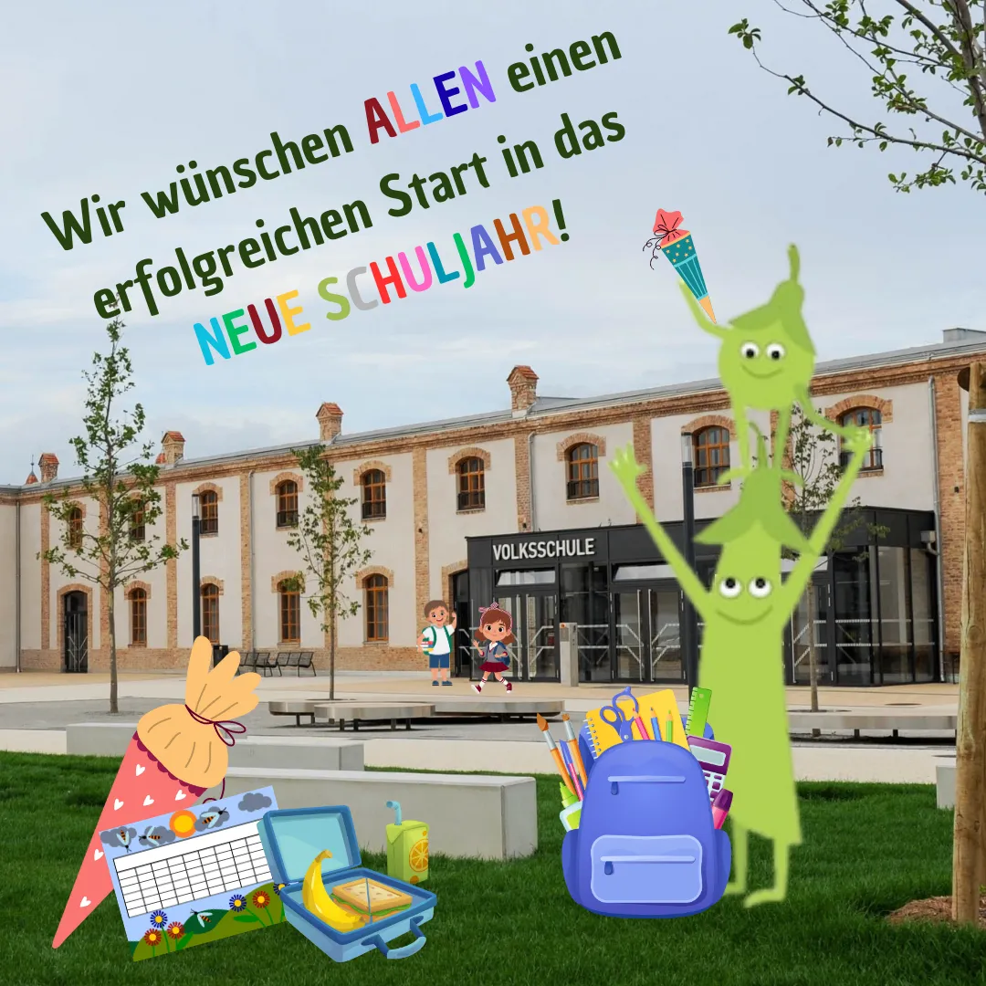 Ein Schulgebäude mit vorbeigehenden Kindern. Bunte Texte darüber lauten: 'Wir wünschen allen einen erfolgreichen Start in das neue Schuljahr!' Ein Rucksack und Schulsachen liegen auf dem Rasen.