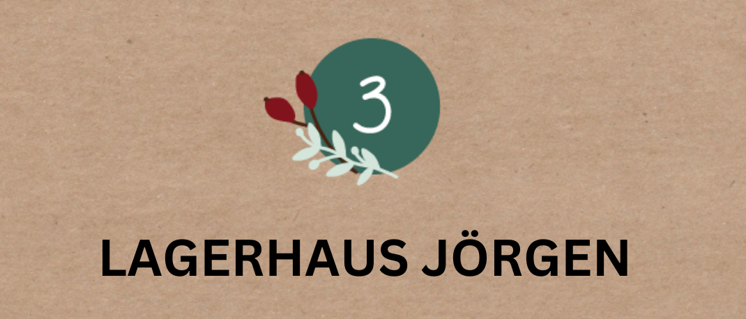 Ein braunes Papierhintergrund zeigt die Zahl drei mit roten Beeren und grünen Blättern. Es steht 'Lagerhaus Jorgen' gefolgt von 'Tagesgebete und Glühweinausschank'. Der Text 'Adventfenster Tieschener' ist oben.
