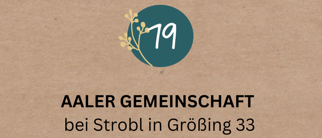 Plakat für die Tiessner Adventfenster-Veranstaltung, mit Datum 19. Aaler Gemeinschaft bei Strobl in GroBing 33, mit Aktivitäten von 16:00-20:00 Uhr. Angeboten werden Apfelpunsch, Süßes und Brötchen. Reinerlos wird anwesend sein und unterstützt das Motto 'Steirer helfen Steirern'.