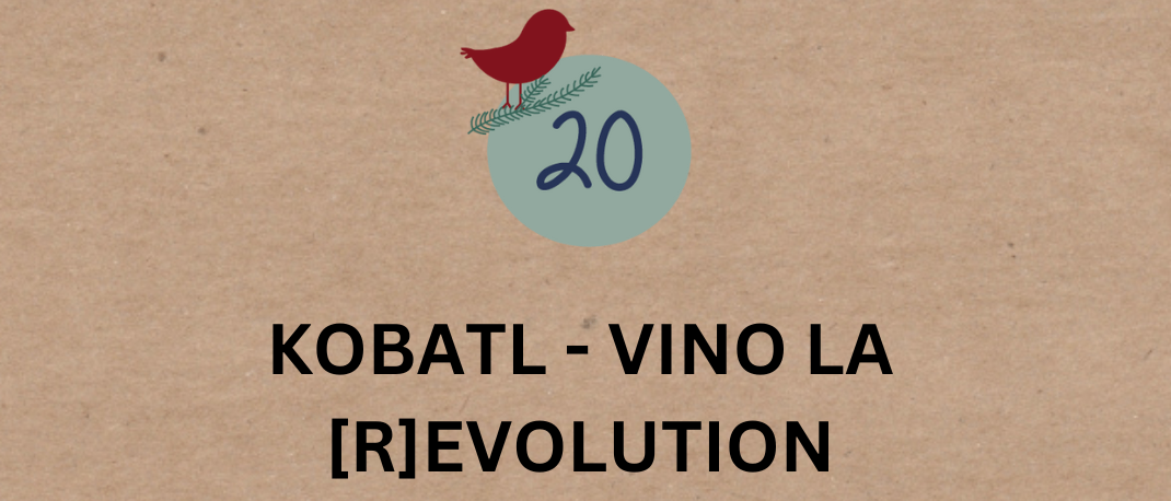 Tieschener Adventfenster 20 Veranstaltungsposter. Zeigt einen Vogel, einen Kreis und die Zahl 20. Der Text lautet 'Kobatl - Vino La [R]evolution'. Die Veranstaltung beginnt um 16:00 Uhr. Das Essen umfasst Snacks, Pastrami, Süßigkeiten, Glühwein und lebendigen Wein.