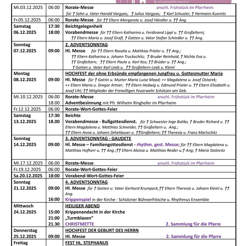 Das Bild zeigt einen Zeitplan für religiöse Gottesdienste und Veranstaltungen in einer Kirche, datiert von Mitte Dezember bis Ende Dezember 2025. Es enthält Details zu Rorate-Messen, Adventsliedern und besonderen Ereignissen wie der Christmette und dem Fest des Heiligen Stephanus.