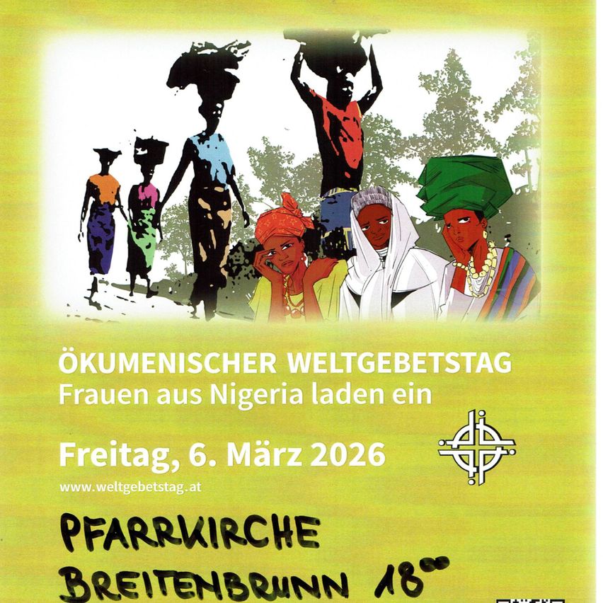 Plakat für den ökumenischen Weltgebetstag. Es zeigt Illustrationen von Frauen, die Körbe tragen, mit einer grünköpfigen Frau vorne. Der Text lautet 'Ökumenischer Weltgebetstag' und 'Frauen aus Nigeria laden ein'. Das Datum ist Freitag, 6. März 2026.