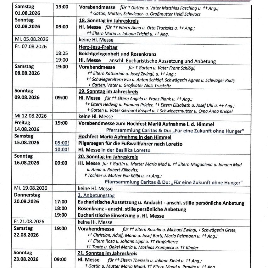 Ein Dokument mit einem Zeitplan für Gottesdienste und Veranstaltungen, einschließlich Daten, Zeiten und Beschreibungen jedes Ereignisses. Das Dokument trägt den Titel 'Vorabendmesse' und listet verschiedene Messen, Versammlungen und persönliche Andachten auf.