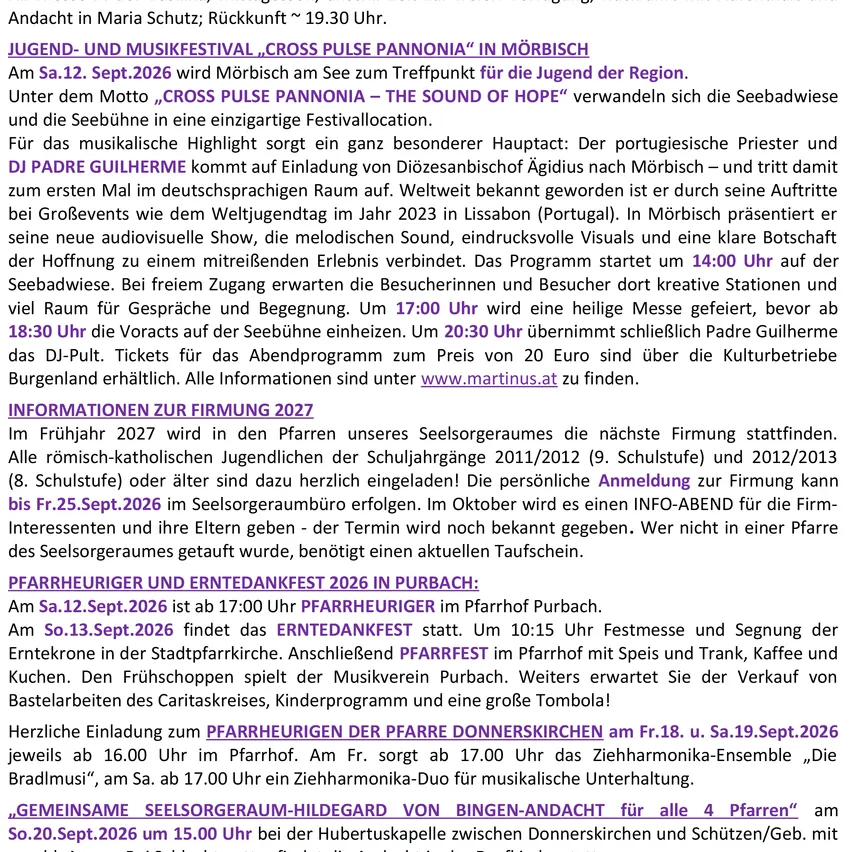 Ein Plakat bewirbt das Jugend- und Musikfestival Cross Pulse Pannonia in Mörbisch mit DJ Padre Guilherme. Das Event beinhaltet eine heilige Messe, Auftritte und einen DJ-Set. Es werden auch Tickets und Informationen auf der Festival-Website erwähnt.