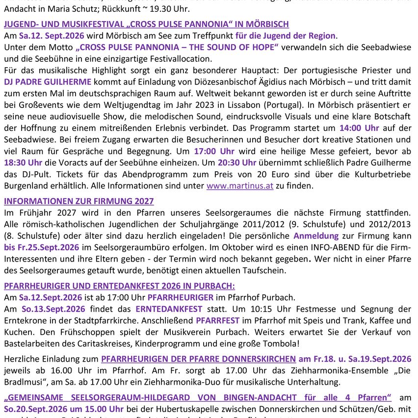 Ein Plakat bewirbt das Jugend- und Musikfestival Cross Pulse Pannonia in Mörbisch mit DJ Padre Guilherme. Das Event beinhaltet eine heilige Messe, Auftritte und einen DJ-Set. Es werden auch Tickets und Informationen auf der Festival-Website erwähnt.