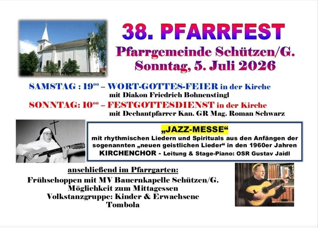 Plakat für das 38. Pfarrfest am 5. Juli 2026, mit einer Kirchenbild und Details zu Sonntagsaktivitäten, einem Wort-Gottes-Festgottesdienst und einem Jazz-Messe-Gottesdienst.