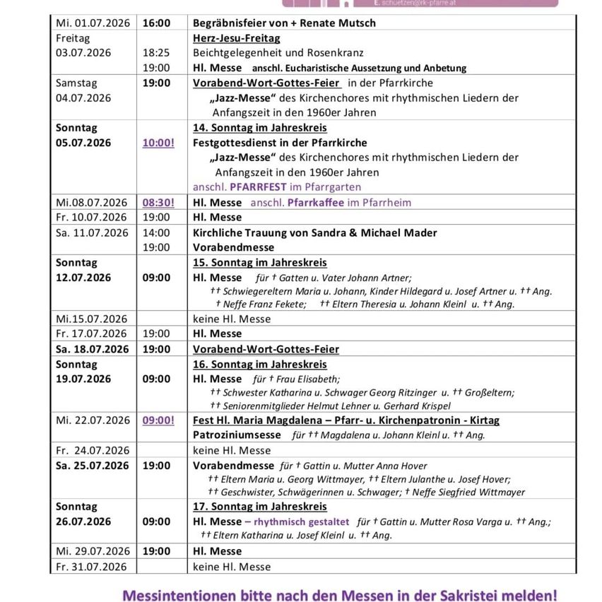 Ein Zeitplan für Gottesdienste und Veranstaltungen in der Kirche. Datum und Uhrzeit sind aufgeführt, zusammen mit bestimmten Gottesdiensten und Teilnehmern. Sonntage haben mehrere Gottesdienste und besondere Veranstaltungen.