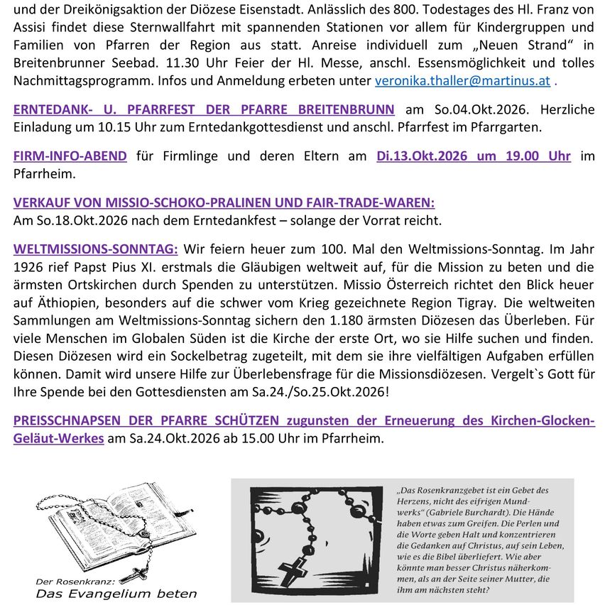 Ein Informationsposter mit Details über Veranstaltungen und Zeiten in einer Kirche. Es enthält Informationen über Abendmessen, ein Rosenkranzgebet, eine Tour, ein Fest und einen Fair-Trade-Verkauf.