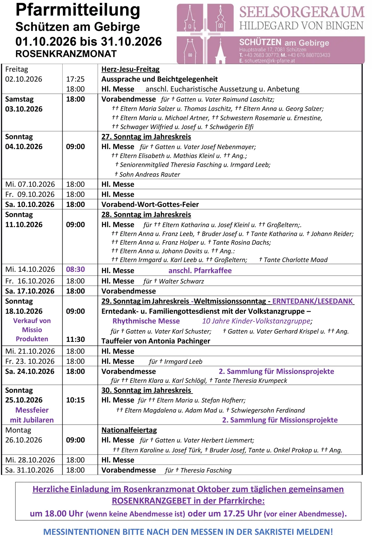 Ein Dokument mit dem Titel 'Pfarrmittelung', das einen Zeitplan für Messen und Veranstaltungen vom 1. Oktober 2026 bis 31. Oktober 2026 im Hildegard von Bingen Seelsorgeraum enthält.
