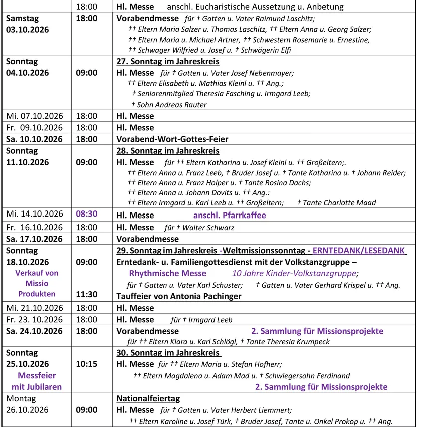 Ein Dokument mit dem Titel 'Pfarrmittelung', das einen Zeitplan für Messen und Veranstaltungen vom 1. Oktober 2026 bis 31. Oktober 2026 im Hildegard von Bingen Seelsorgeraum enthält.