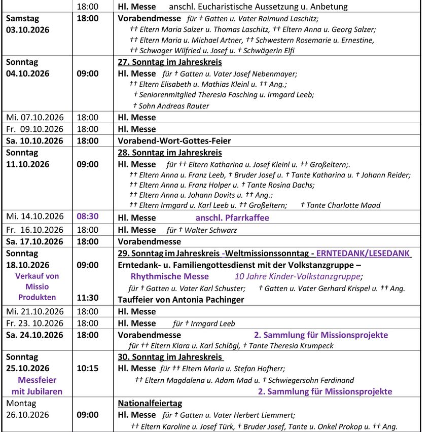 Ein Dokument mit dem Titel 'Pfarrmittelung', das einen Zeitplan für Messen und Veranstaltungen vom 1. Oktober 2026 bis 31. Oktober 2026 im Hildegard von Bingen Seelsorgeraum enthält.