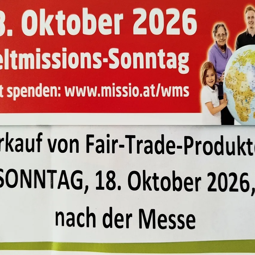 Ein Plakat mit rotem Hintergrund und weißen Text, das '18. Oktober 2026 Weltmissions-Sonntag' besagt. Es enthält auch eine Website-Adresse und ein Globus-Bild.