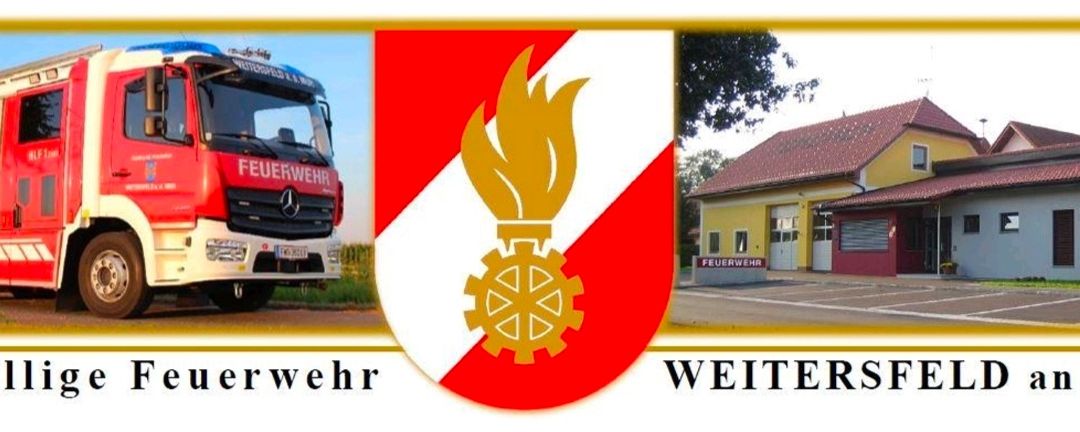 Das Logo von Weitersfhr zeigt einen Feuerwehrwagen, eine Flamme und ein Zahnrad. Der Feuerwehrwagen ist rot mit dem Wort 'Feuerwehr' an der Seite. Die Flamme ist gelb mit einem Zahnrad oben. Das Gebäude ist gelb mit einem roten Dach.