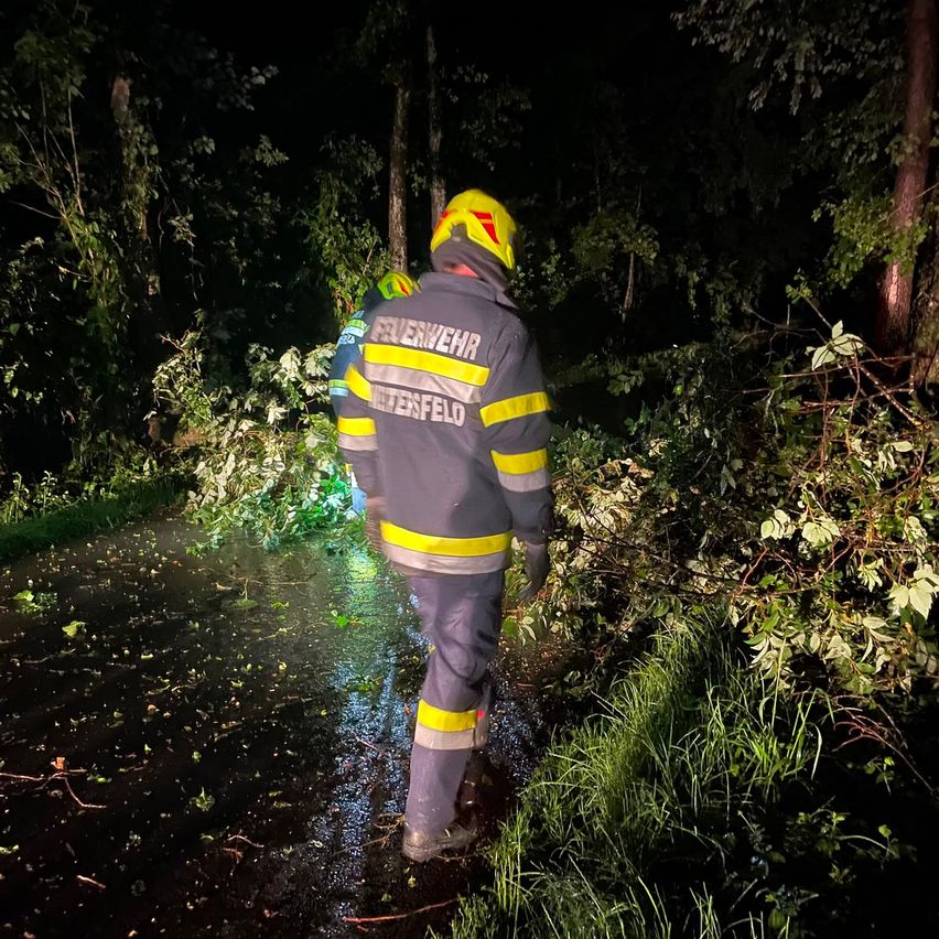 Feuerwehrleute in voller Ausrüstung navigieren bei Nacht durch einen überfluteten Wald. Bäume sind umgestürzt, und der Weg ist matschig.