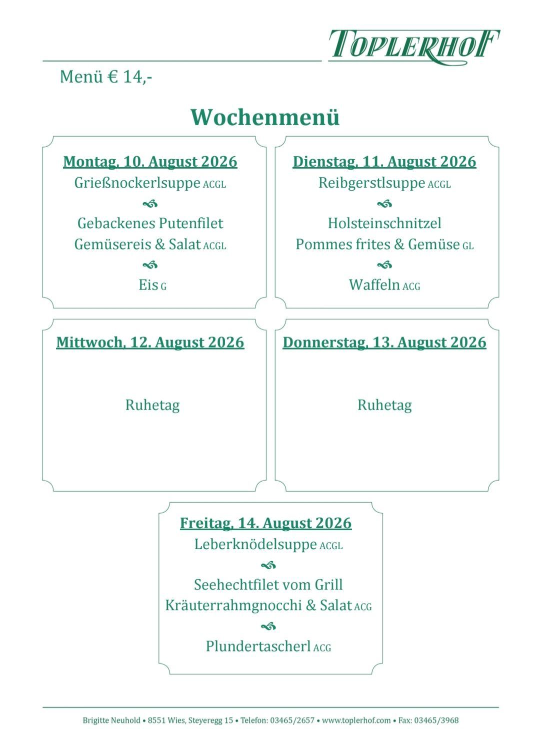 Weekly menu for August 2026 featuring dishes like grilled chicken soup, reiberstsuppe, and more. Each day has a specific meal plan.