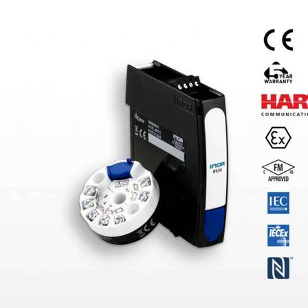 Bild eines Geräts mit CE-Kennzeichnung, einem runden Objekt und verschiedenen Zertifizierungen einschließlich HART, FM, IEC und IECEx