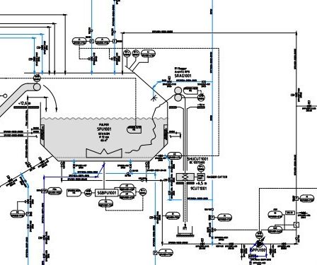 Ein Diagramm eines Wasseraufbereitungssystems mit verschiedenen beschrifteten Komponenten, einschließlich Tanks, Pumpen und Rohren, in einem Flusslayout angeordnet.