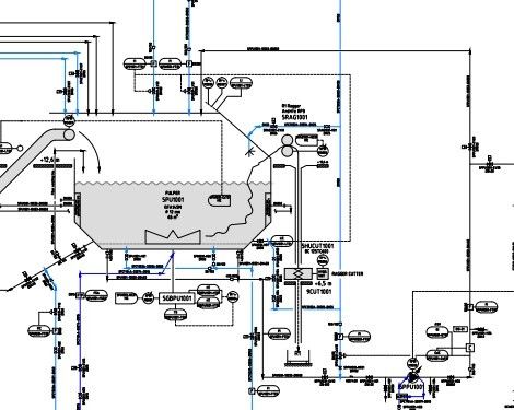 Ein Diagramm eines Wasseraufbereitungssystems mit verschiedenen beschrifteten Komponenten, einschließlich Tanks, Pumpen und Rohren, in einem Flusslayout angeordnet.