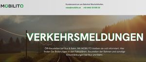 Eine Webseite für Verkehrsmeldung mit einem Banner und Text über Serviceunterbrechungen im öffentlichen Verkehr, E-Mail und Telefonnummer für das Kundenzentrum.